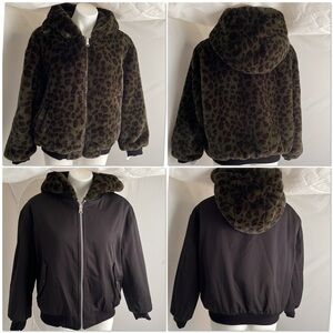 Jayley faux fur reversible bomber jacket in green animal print and black